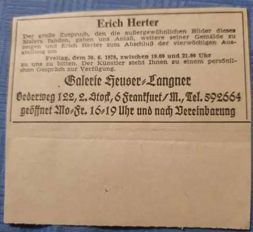 Zeitungsartikel - Erich Herter - Galerie Heuser Langer - 1978