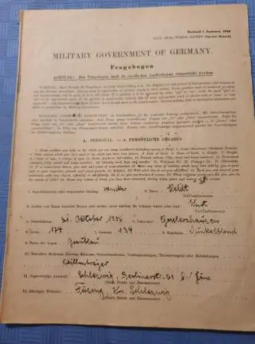 Military Government of Germany - Fragebogen 1946