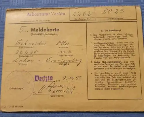 Arbeitsamt Vechte - Meldekarte - 1959