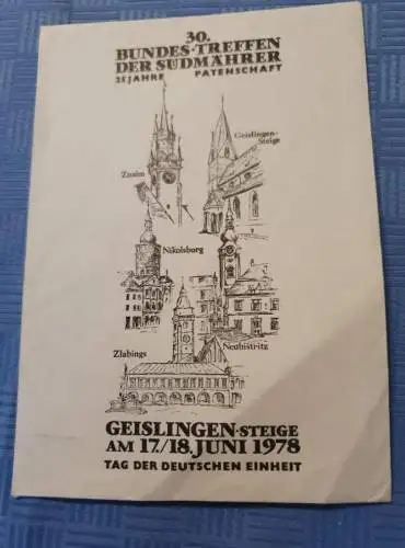 Briefumschlag 30. Bundestreffen der Südmährer - Geislingen Steige - 1978