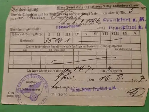 Bescheinigung - Polizei Revier Frankfurt 1937