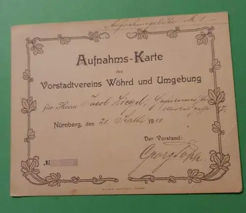 Aufnahms-Karte des Vorstadtvereins Wöhrd und Umgebeung - 1910