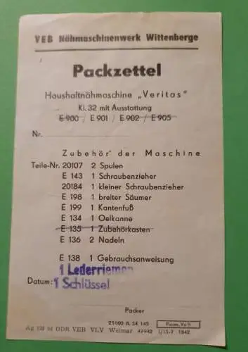 VEB Nähmaschinenwerk Wittenberge - Packzettel - Veritas
