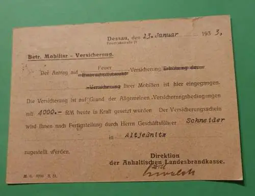 Versicherungsbestätigung - Dessau -1933