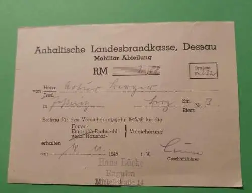 Anhaltische Landesbrandkasse - Dessau -1945