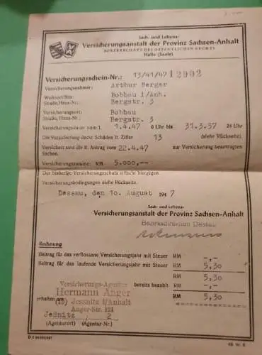 Versicherungsschein 1957 - Sachsen Anhalt