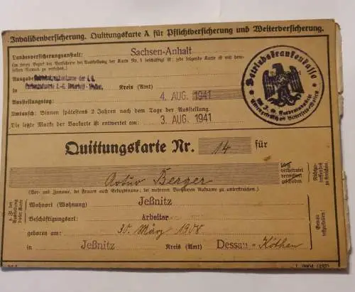Invalidenversicherung Quittungskarte - Sachsen Anhalt - 1941