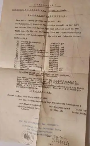 Abschrift Rheinisches Technikum Bingen a Rhein Ingenieurs Zeugnis 1930