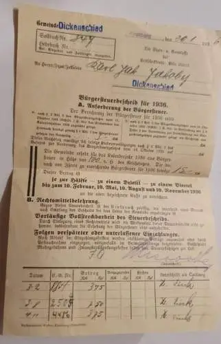 Bürgersteuerbescheid 1936 - Dickenschied