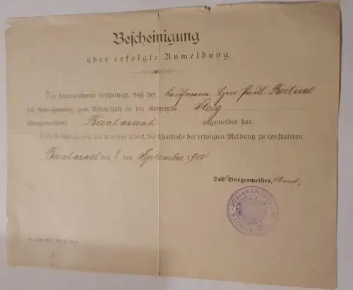 Bescheinigung über erfolgte Anmeldung 1900