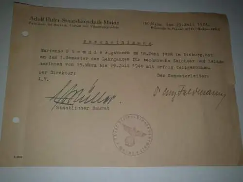Adolf Hitler Staatsbauschule Mainz - Bescheinigung 1944
