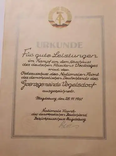 Urkunde - Für gute Leistungen - Grenzgemeinde Vogelsdorf