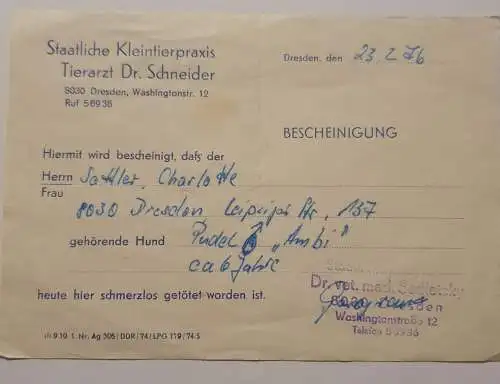 Staatliche Kleintierpraxis - Dresden - Rechnung - 1976