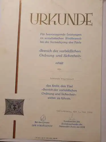 DDR - Urkunde - Bereich der vorbildlichen Ordnung und Sicherheit - Vogelshof