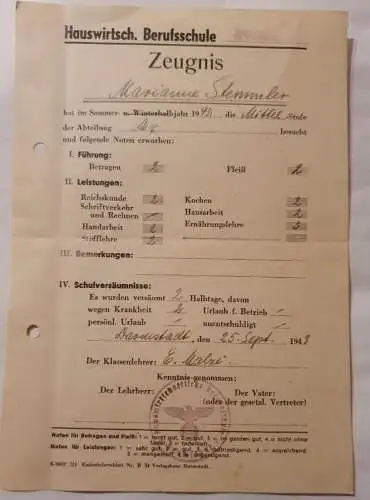 Hauswirtschaftliche Berufsschule - Zeugnis - 1943