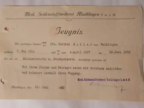 Mech. Seidenstoffweberei Waiblingen - Arbeitszeugnis - 1935