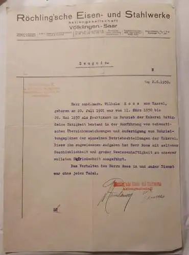 Röchling'sche Eisen und Stahlwerk - Arbeitszeugnis - 2.6.1930