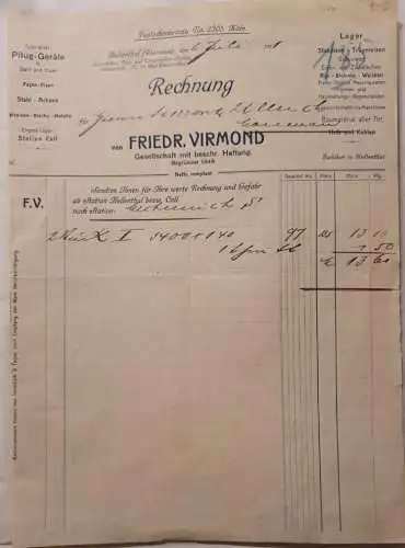 Friedrich Virmond - Pflug Geräte - Rechnung  - 1911