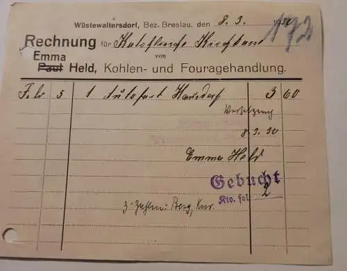 Rechnung - Wüstewaltersdorf/Breslau - 1930