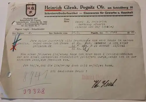 Rechnung Heinrich Glenk - Pegnitz - 1941