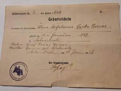 Geburtsschein - 1929 - Saalhausen