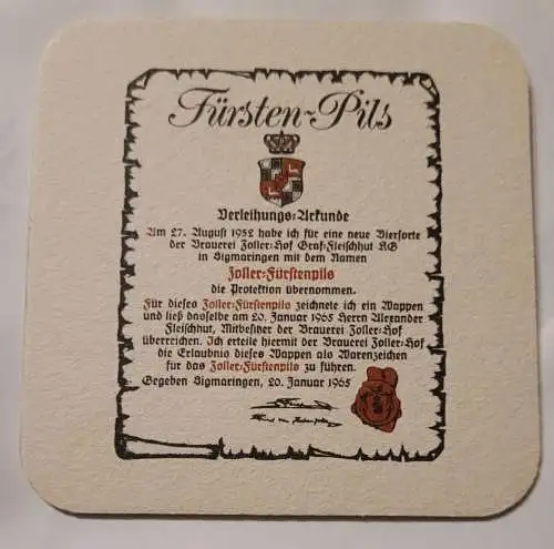 Bierdeckel - Fürsten-Pils Brauerei Zoller-Hof