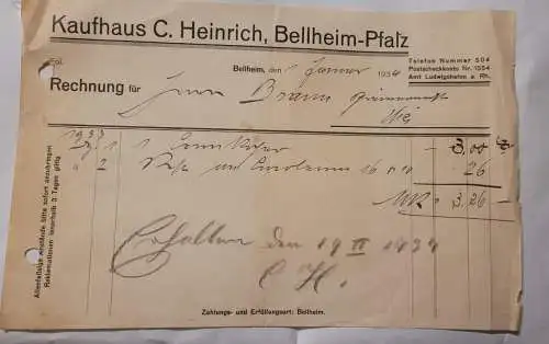 Rechnung - Kaufhaus Heinrich - Bellheim Platz - Bellheim 1934