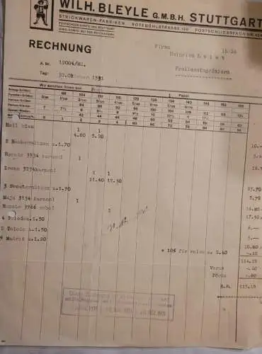 Rechnung - Wilh. Bleyle - Stuttgart - 1931