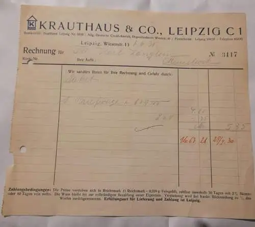 Rechnung - Krauthaus & Co Leipzig - 1930