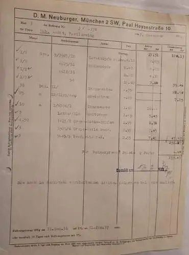 Rechnung - D. M. Neuburger - München - 1936