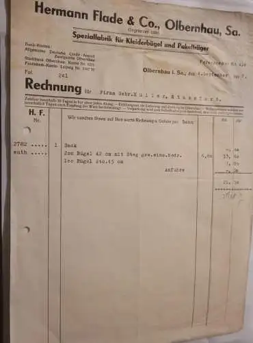 Rechnung - Hermann Flade & Co Olbernhau - 1937