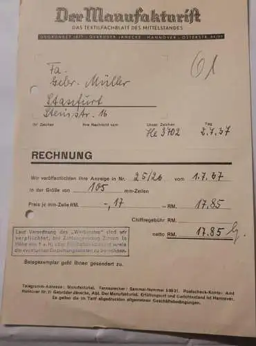 Rechnung - Der Manufakturist - Hannover - 1937