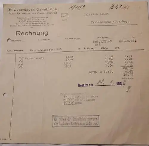 Rechnung - Overmeyer - Osnabrück - 1936