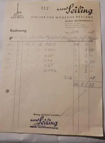Rechnung - Kathi Seiling - Bremen - 1937