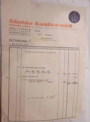 Rechnung - Hohenloher Berufskleiderfabrik - 1937 (8)