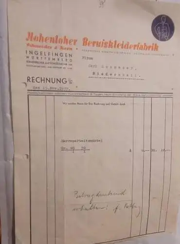 Rechnung - Hohenloher Berufskleiderfabrik - 1937 (6)