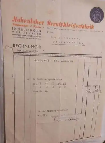 Rechnung - Hohenloher Berufskleiderfabrik - 1937 (5)