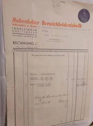 Rechnung - Hohenloher Berufskleiderfabrik - 1937 (4)