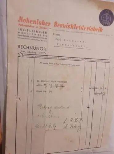 Rechnung - Hohenloher Berufskleiderfabrik - 1937 (3)