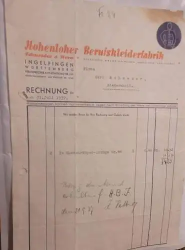 Rechnung - Hohenloher Berufskleiderfabrik - 1937