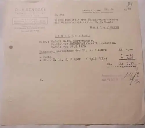 Rechnung - Dr. H. Benecke - Halle/Saale - 1939