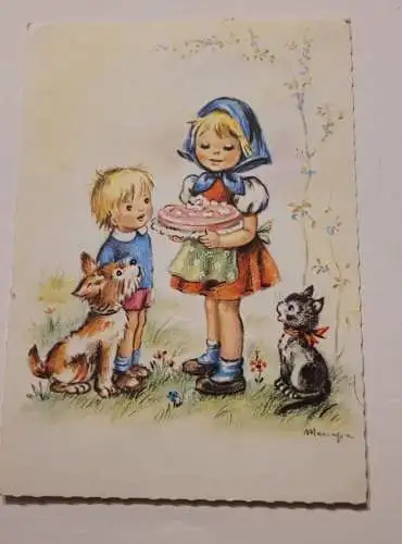 2 Kinder mit Tieren und Kuchen