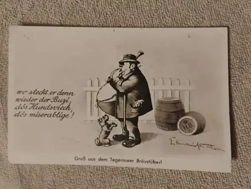 Alte Postkarte - Mann mit Sandwich und Hund