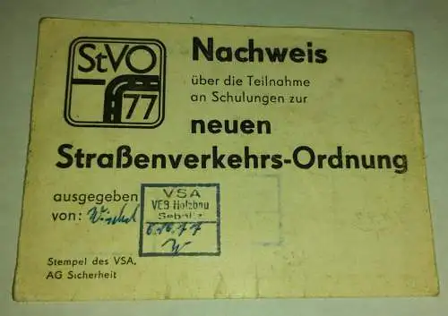 Nachweis über die Teilnahme an Schulungen zur neuen Straßenverkehrs Ordnung
