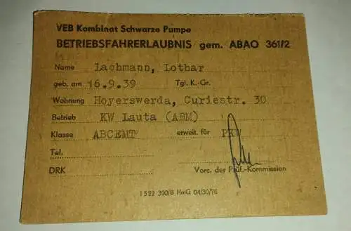 VEB Kombinat Schwarze Pumpe - Betriebsfahrerlaubnis
