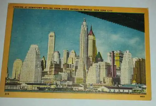 New York City - Looking at Downtown Skyline from under Brooklyn Bridge