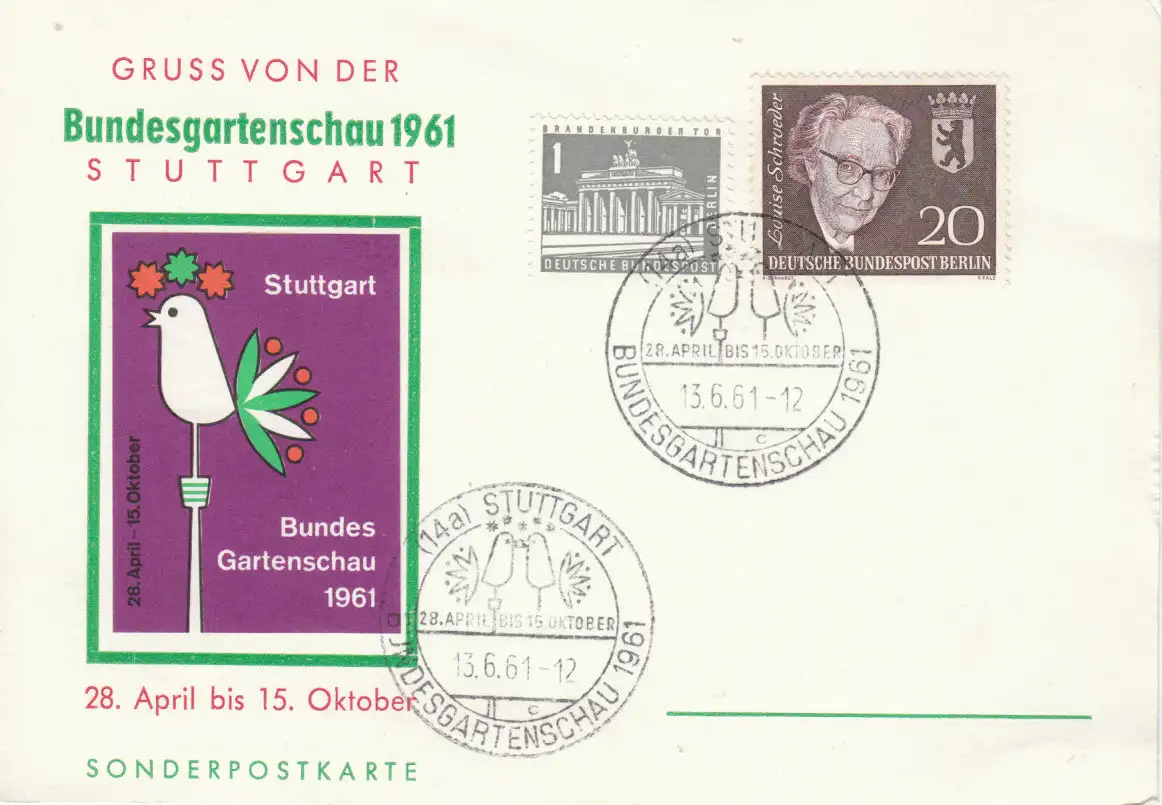 Berlin (West)  Nr 140 + 198 auf Sonderkarte Bundesgartenschau 1961 Stuttgart mit SST Stuttgart 13.6.61 Sonderstempel