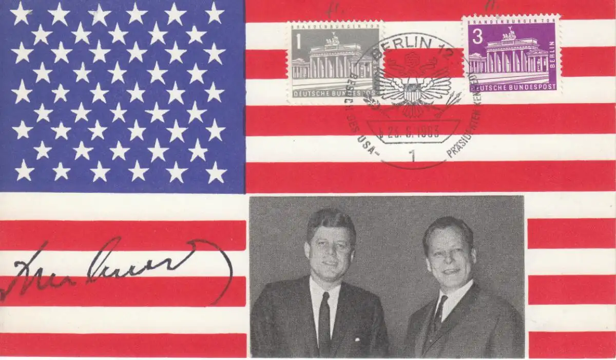 Berlin (West)  Nr 140 + 231 auf Sonderkarte zum Besuch des USA-Präsidenten Kennedy mit SST Berlin 23.6.1963 Sonderstempel