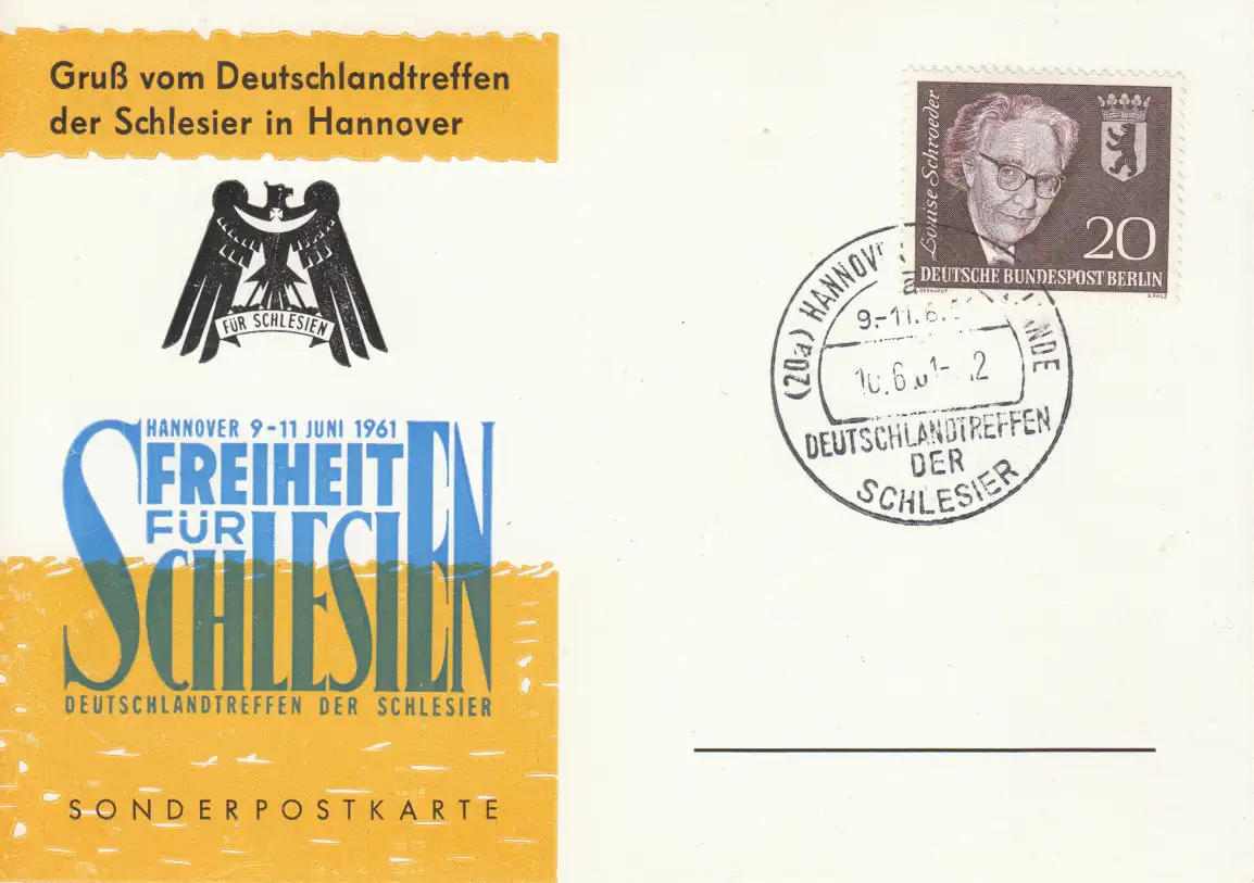 Berlin (West)  Nr 198 auf Sonderpostkarte - Deutschlandtreffen der Schlesier 1961 mit SST Hannover 10.6.61 Sonderstempel