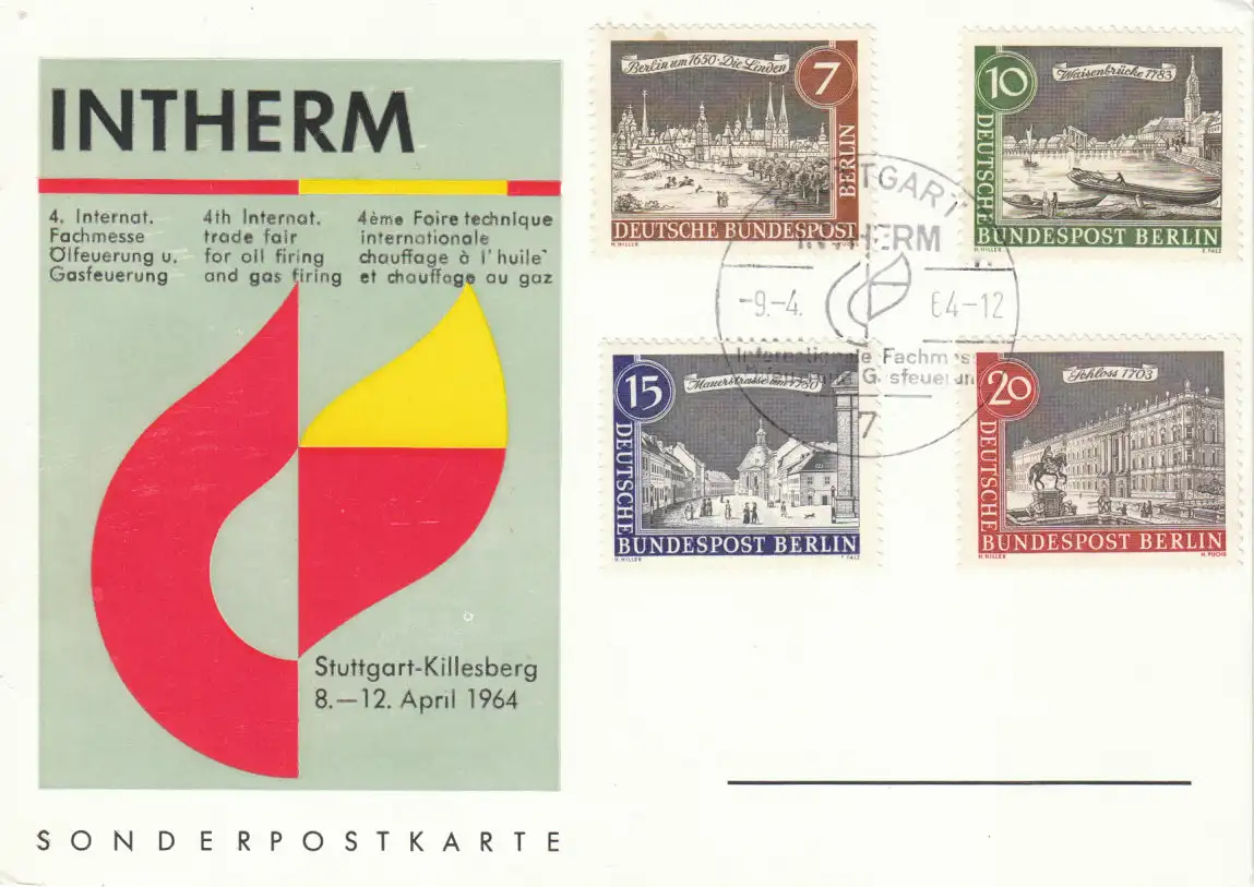 Berlin (West)  Nr 218 - 221 auf Sonderpostkarte - 4. Intherm Stuttgart mit SST INTHERM Stuttgart 9.4.64 Sonderstempel